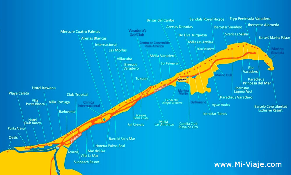 Mapa de ubicacin de Hoteles en Varadero Cuba